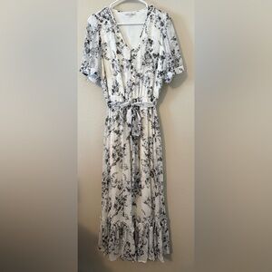 Calvin Klein White Maxi Dress with Black Floral Print and Tie Waist